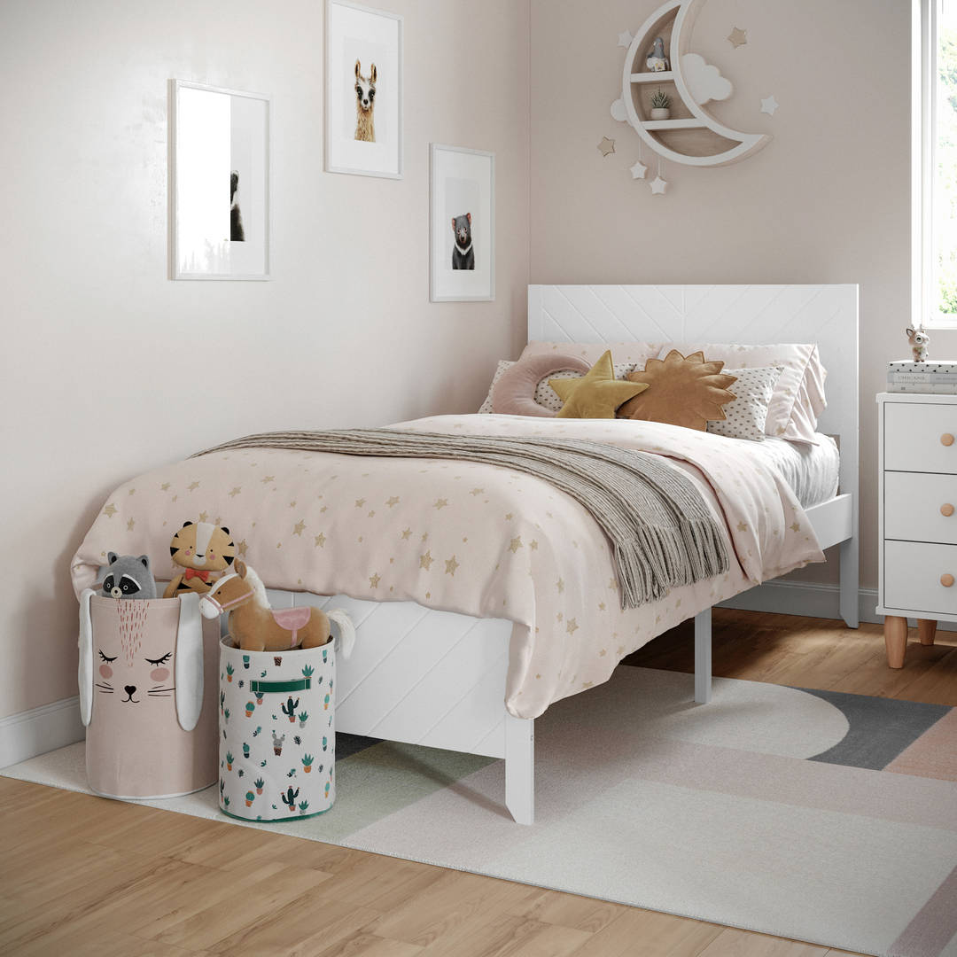 Nellie Twin Platform Bed Frame with Chevron Detailed Panel Headboard and Footboard and Wood Slat Foundation with No Box Spring Required in White