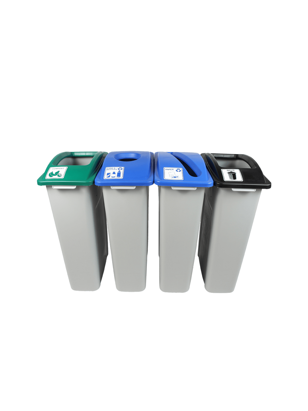  WASTE WATCHER - Quad - Kit - Cans &amp; Bottles-Paper-Organics-Waste - Circle-Slot-Full - Grey-Blue-Blue-Green-Black