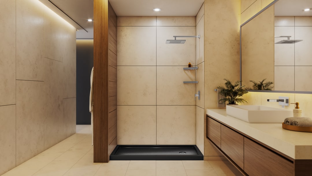 DreamLine SlimLine 34 inch D x 60 inch W x 2 3/4 inch H Single Threshold Black Alcove Shower Base with 2 inch Chrome Right Round Drain