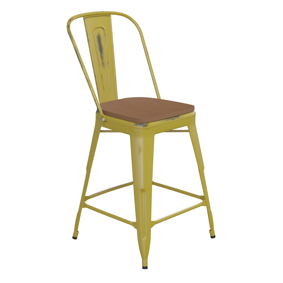 Carly Commercial Grade 24" High Yellow Metal Indoor-Outdoor Counter Height Stool with Back with Teak Poly Resin Wood Seat