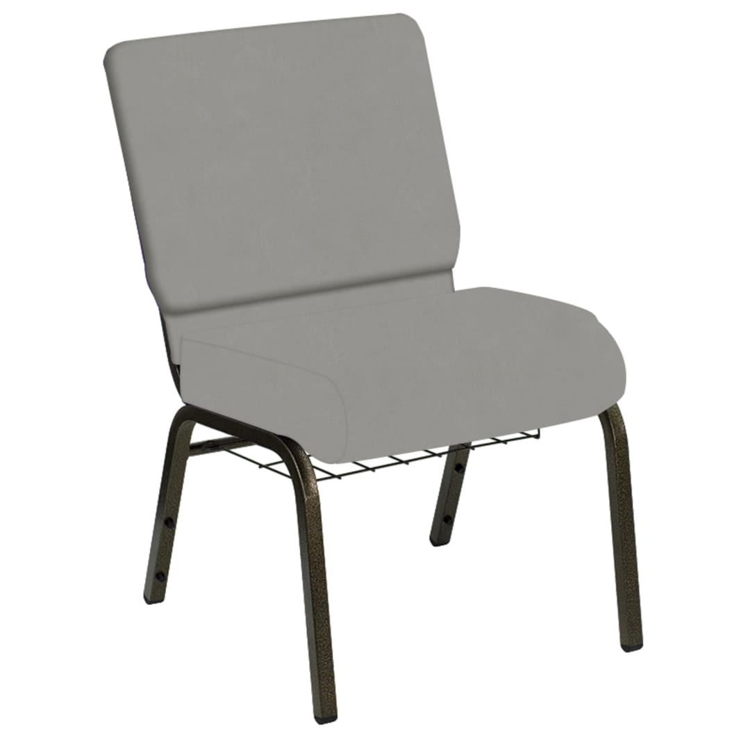 HERCULES Series 21''W Church Chair in E-Z Wallaby Gray Vinyl with Book Rack - Gold Vein Frame