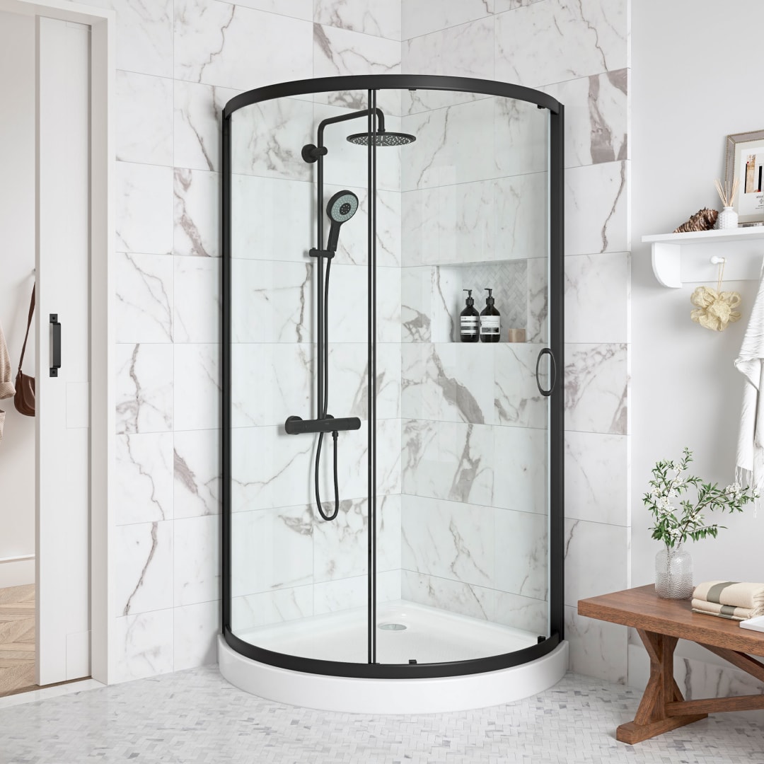 Breeze 40 in. L x 40 in. W x 77 in. H Round Corner Shower Kit in Black with Clear Sliding Door and Shower Base Pan (Walls not Included)