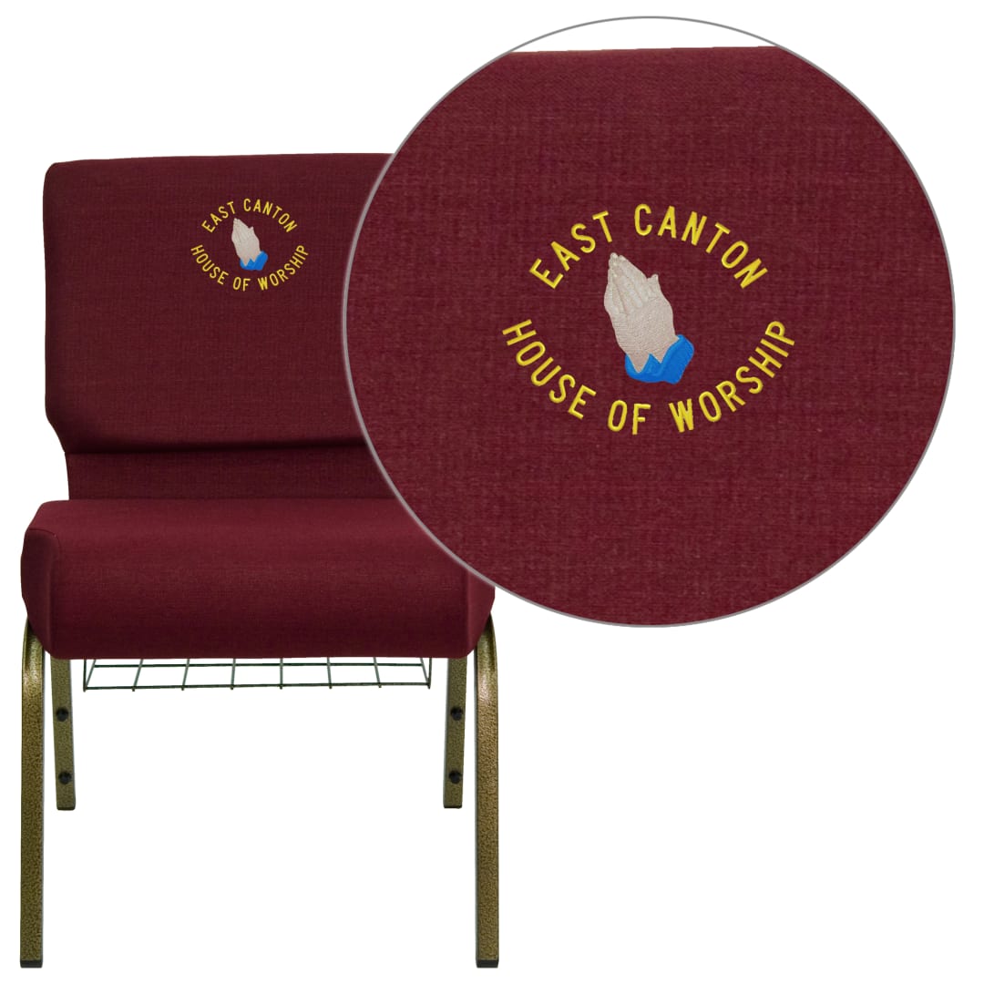 Embroidered HERCULES Series 21''W Church Chair in Burgundy Fabric with Cup Book Rack - Gold Vein Frame