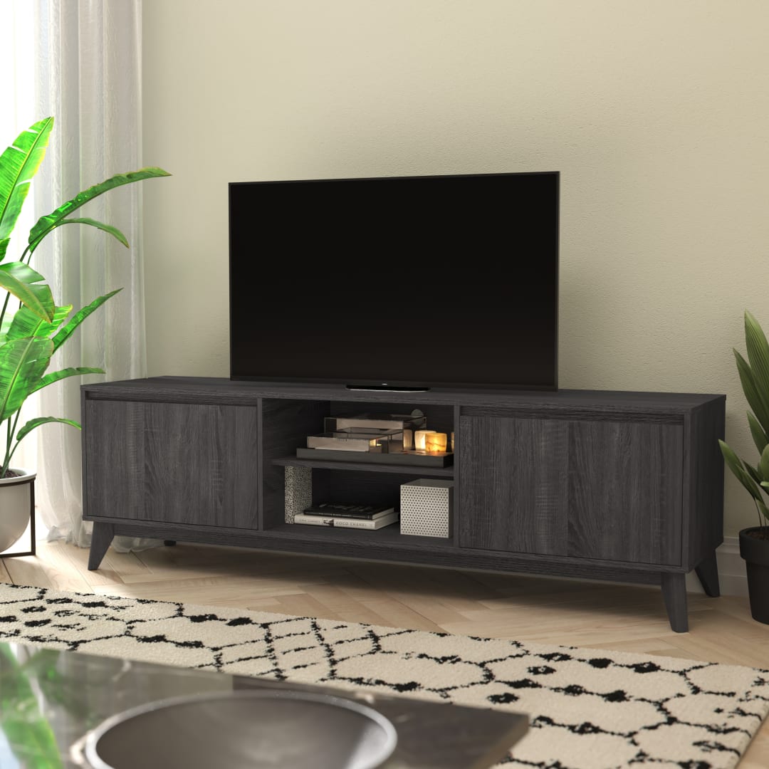 Hatfield Mid-Century Modern TV Stand in Black Wash for 65+ Inch TV's - 70 Inch Media Center with Adjustable Center Shelf and Dual Soft Close Doors