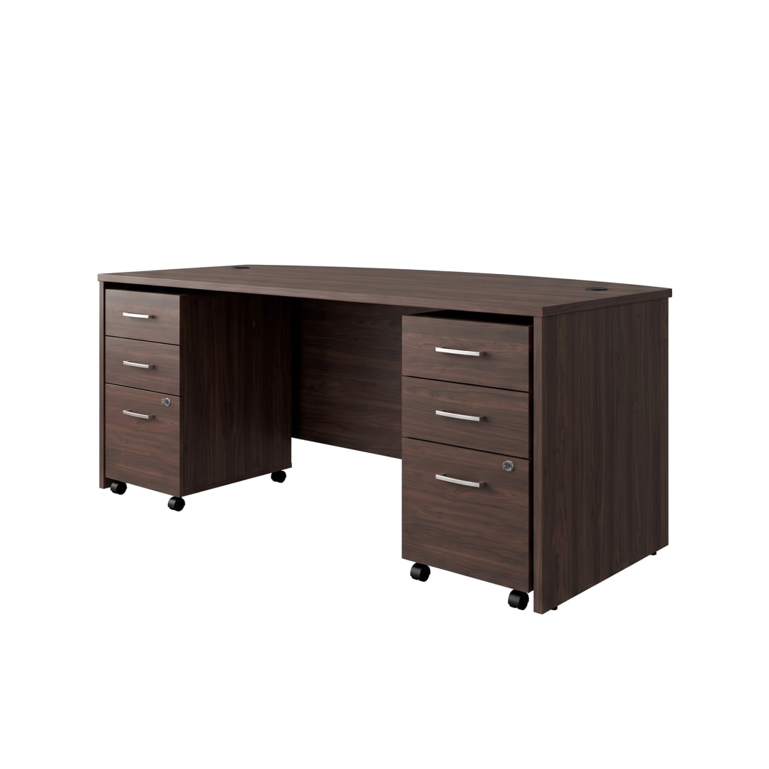 Cornerstone 71"W x 35.5"D Executive Bow Front Desk with Dual 3-Drawer Mobile Pedestals, Espresso