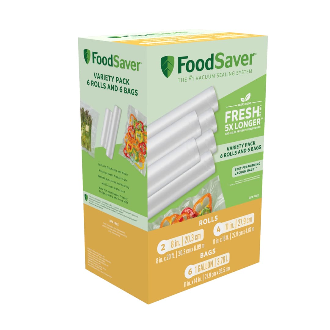FoodSaver® Vacuum Seal Rolls and Bags, Combo Pack with 6 Assorted Vacuum Sealer Bags and 6 Rolls for Airtight Food Storage and Sous Vide