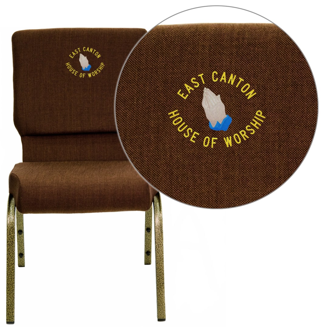 Embroidered HERCULES Series 18.5''W Stacking Church Chair in Brown Fabric - Gold Vein Frame