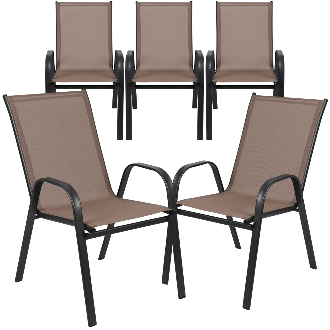 5 Pack Brazos Series Brown Outdoor Stack Chair with Flex Comfort Material and Metal Frame