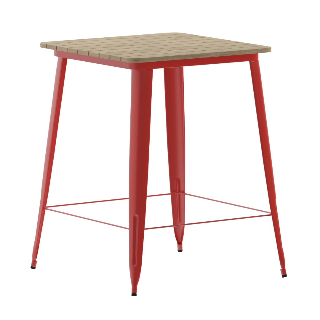 Declan Commercial Indoor/Outdoor Bar Top Table, 31.5" Square All Weather Brown Poly Resin Top with Red Steel base