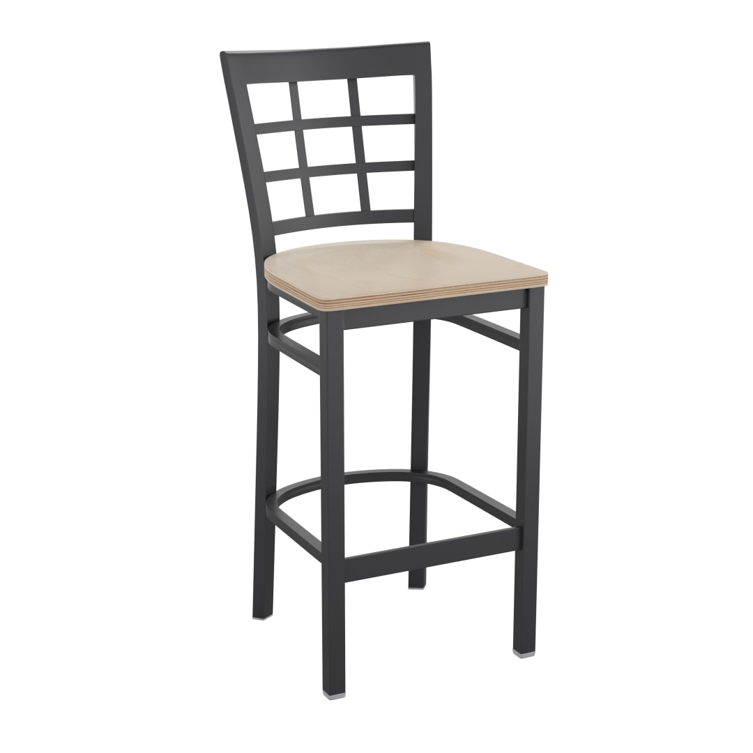 HERCULES Black Window Back Metal Restaurant Barstool - Antique White Wood Seat