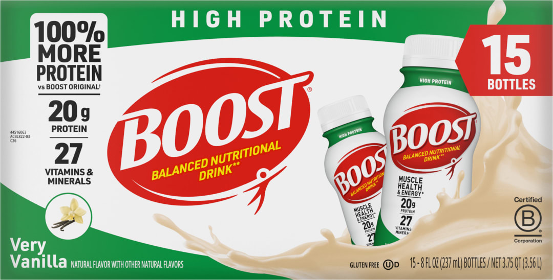 BOOST 20g High Protein Nutritional Drink Shakes, Very Vanilla, 8 fl oz, 15 Pack