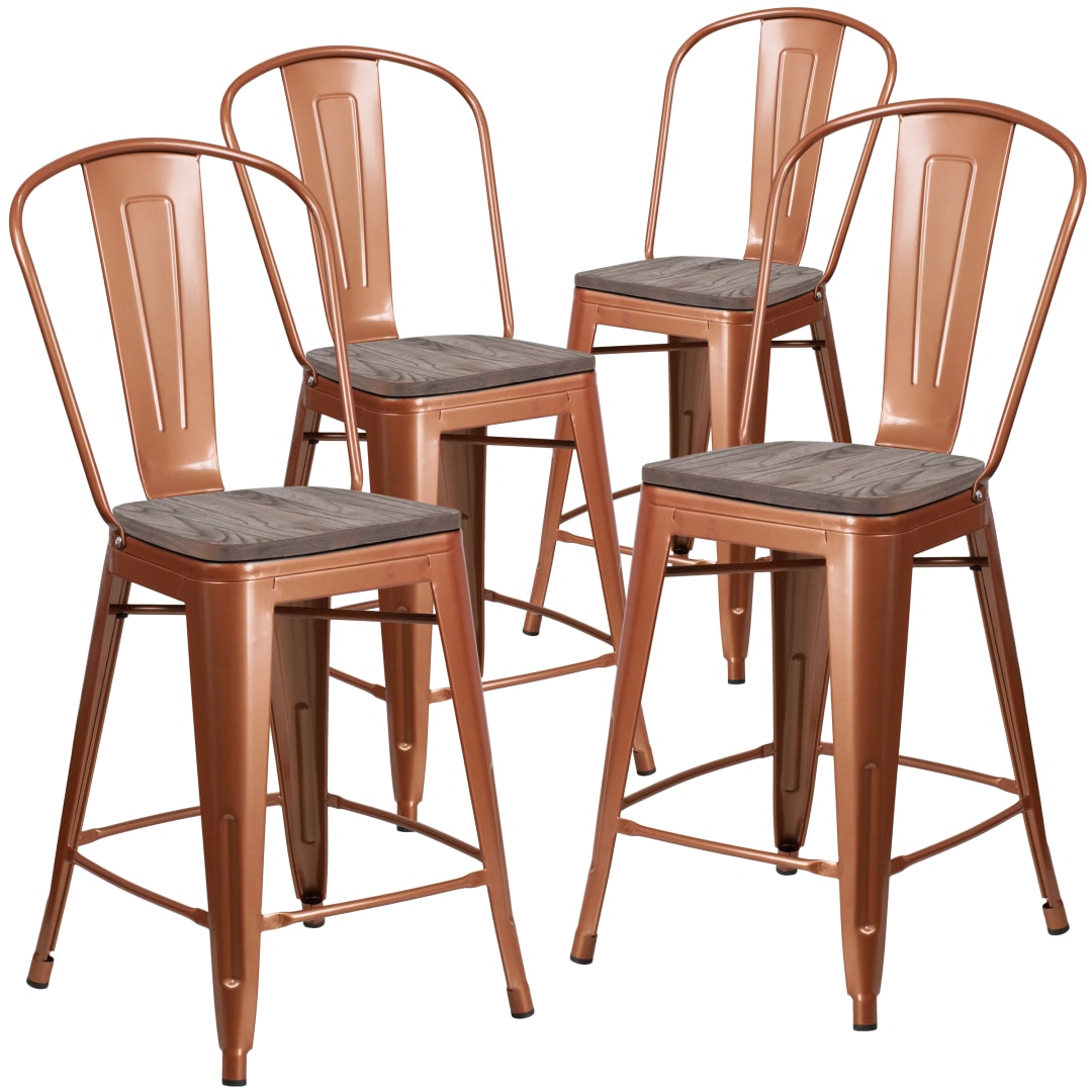 Blake 4 Pk. 24" High Copper Metal Counter Height Stool with Back and Wood Seat