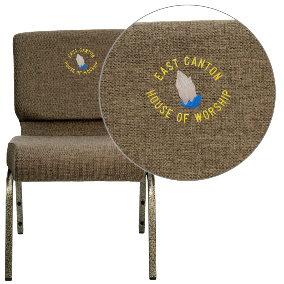 Embroidered HERCULES Series 21''W Stacking Church Chair in Brown Fabric - Gold Vein Frame