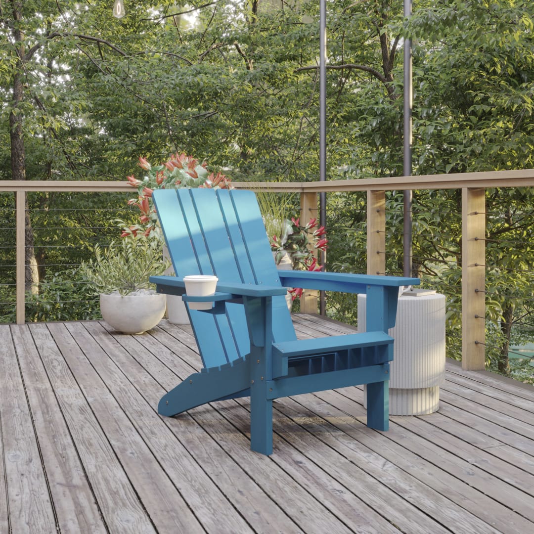 Halifax Adirondack Chair with Cup Holder, Weather Resistant HDPE Adirondack Chair in Blue