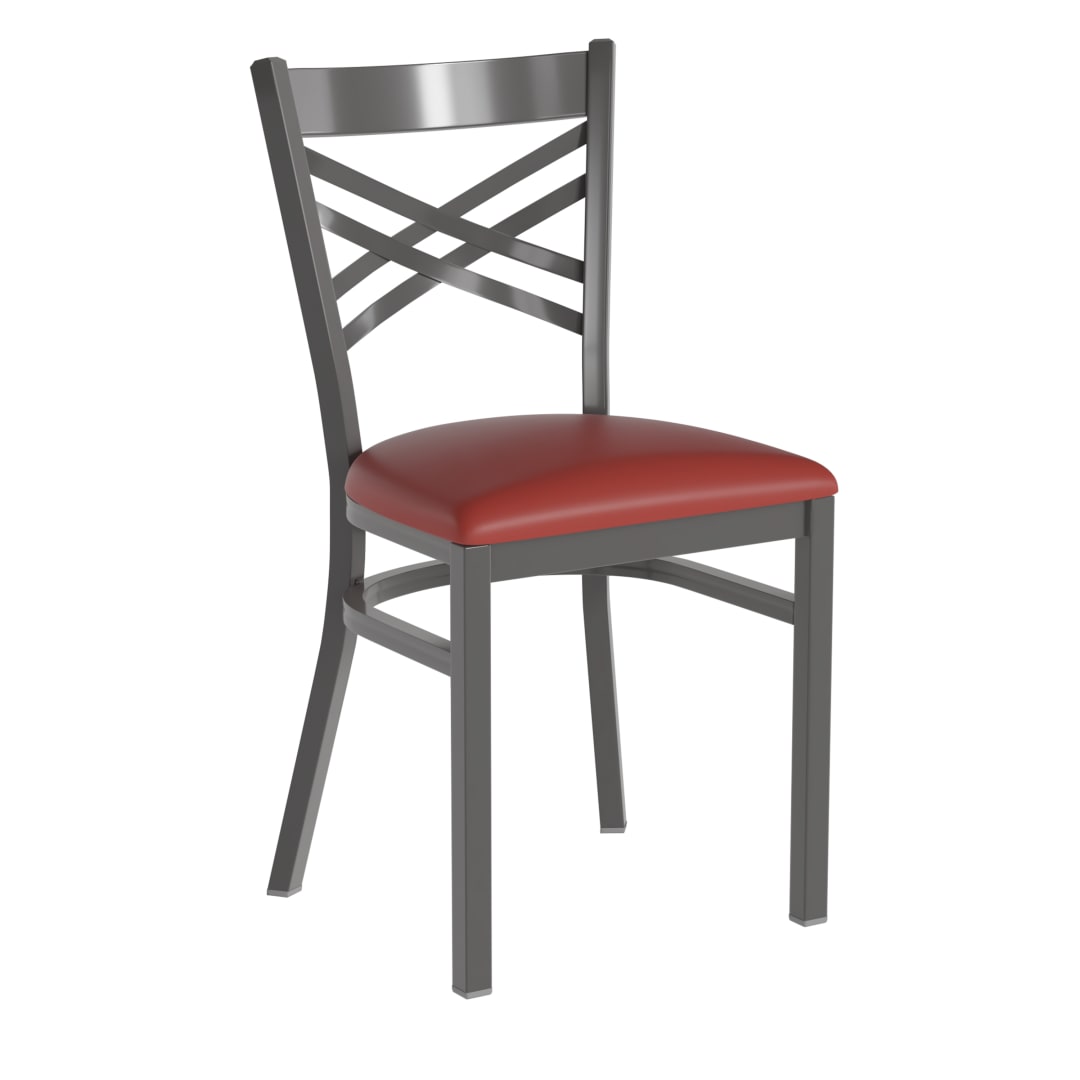 HERCULES Silver Antique Finish with Clear Coat ''X'' Back Metal Restaurant Chair - Red Vinyl Seat