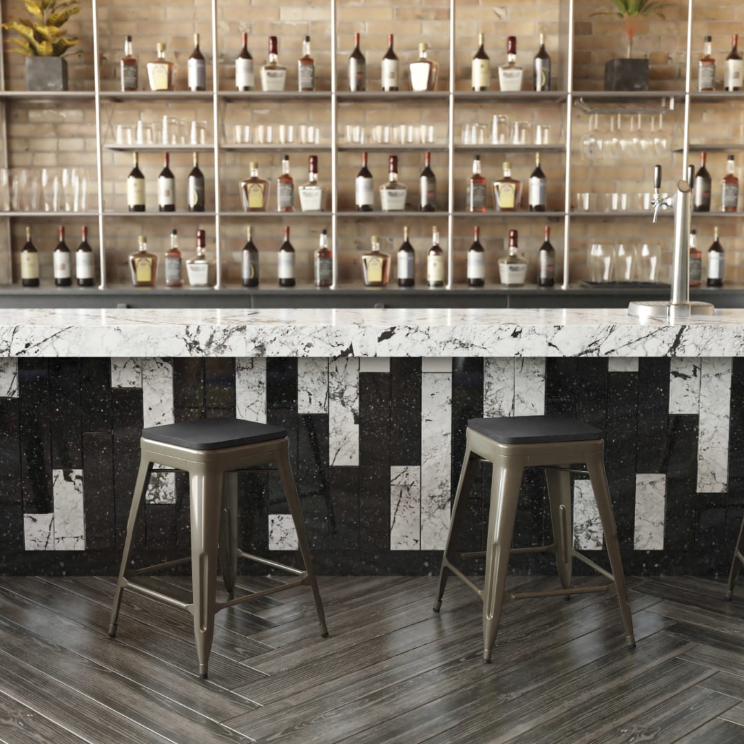 Cierra Set of 4 Commercial Grade 24" High Backless Gunmetal Metal Indoor Counter Height Stools with Black All-Weather Poly Resin Seats