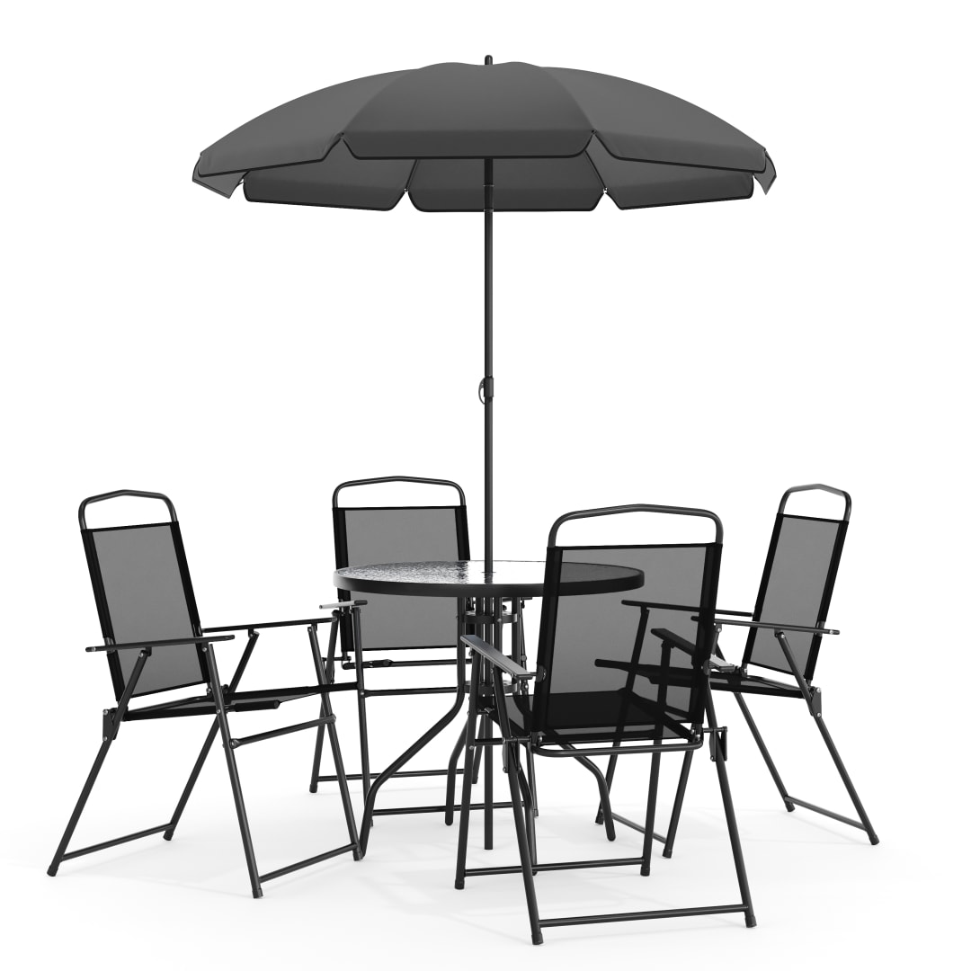 Nantucket 6 Piece Black Patio Garden Set with Umbrella Table and Set of 4 Folding Chairs