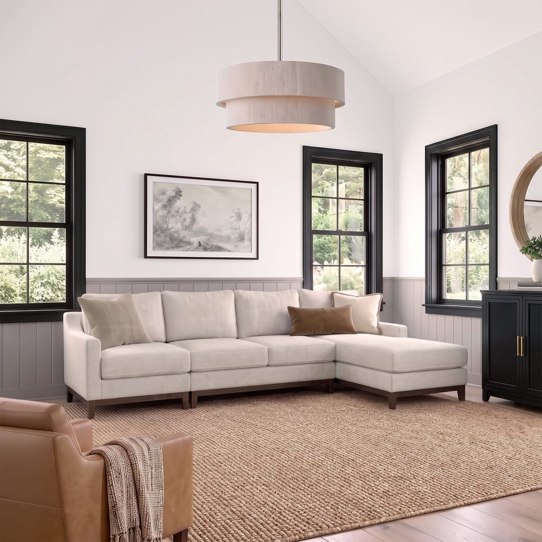 Bedford 3-Piece Modular Sectional Sofa Set, Right Facing Chaise, Double Center Unit, Left Facing Unit, Solid Wood Frame and Tapered Legs, Ivory
