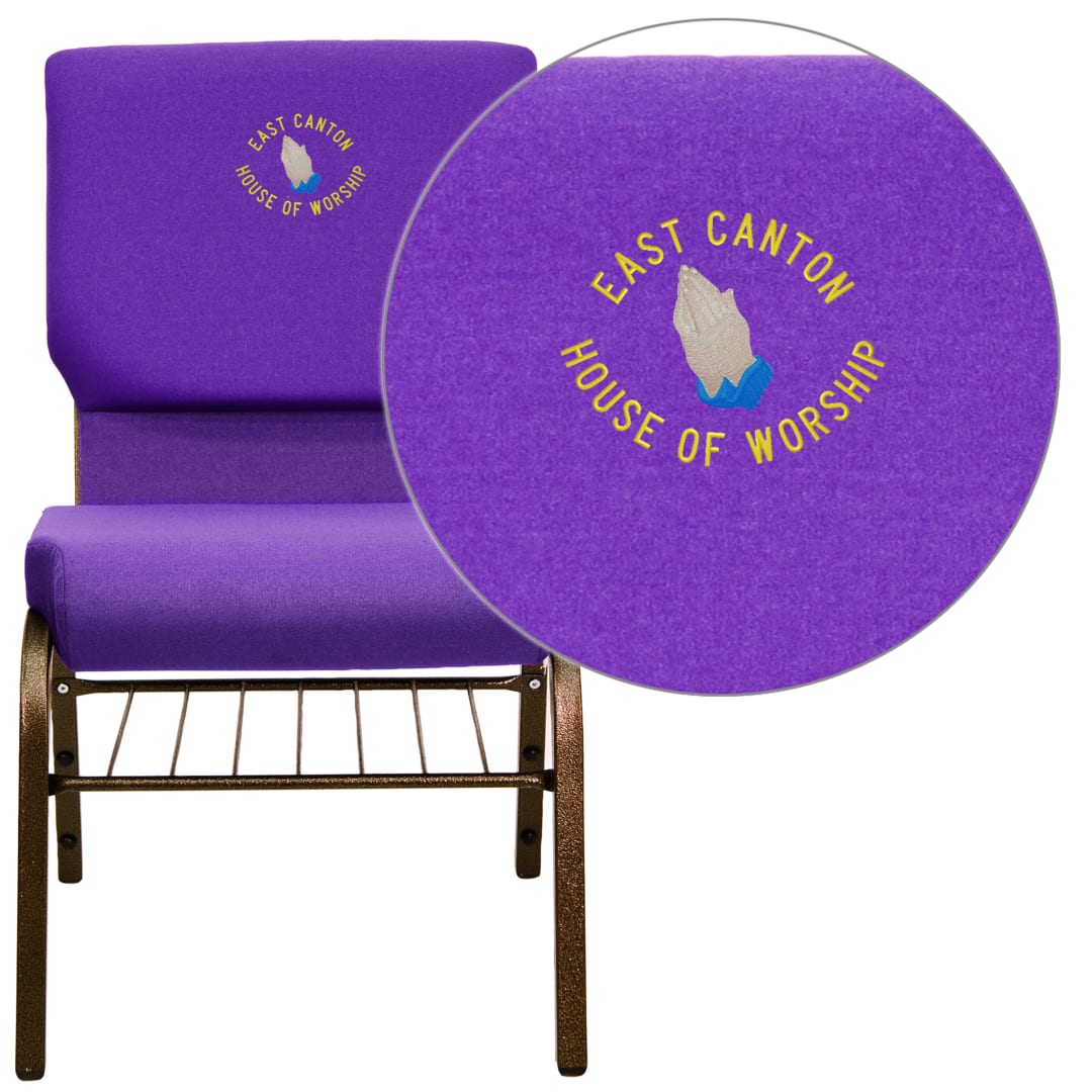 Embroidered HERCULES Series 18.5''W Church Chair in Purple Fabric with Book Rack - Gold Vein Frame
