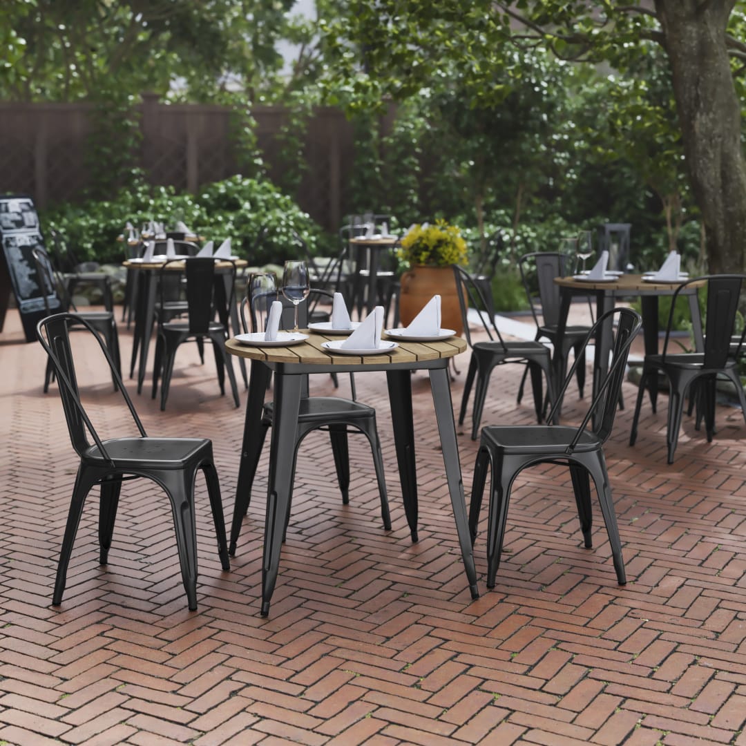 Declan Commercial Grade Indoor/Outdoor Dining Table, 30" Round All Weather Brown Poly Resin Top with Black Steel Base