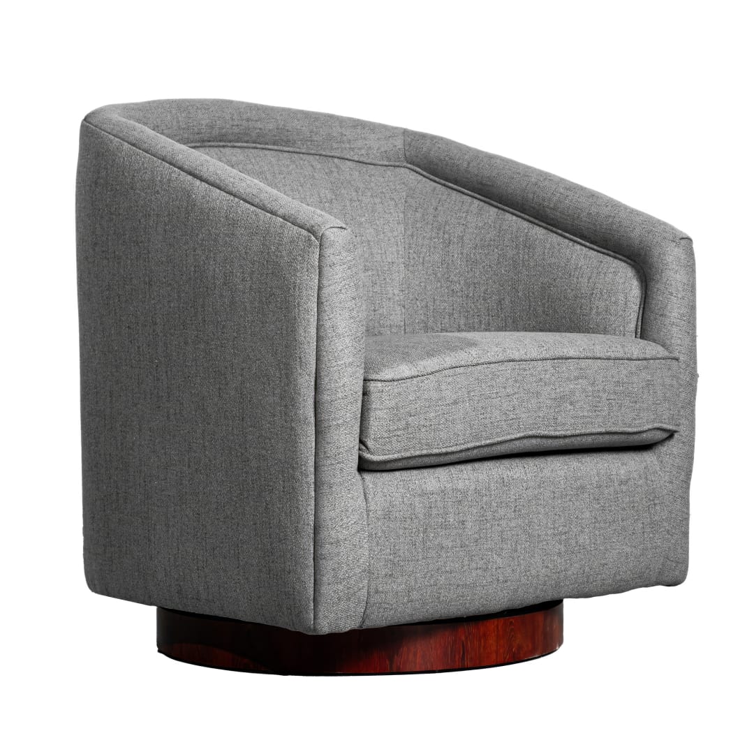 Dean Club Style Commercial Barrel Accent Armchair with 360 Degree Swivel Metal Base and Sloped Armrests in Gray Fabric Upholstery