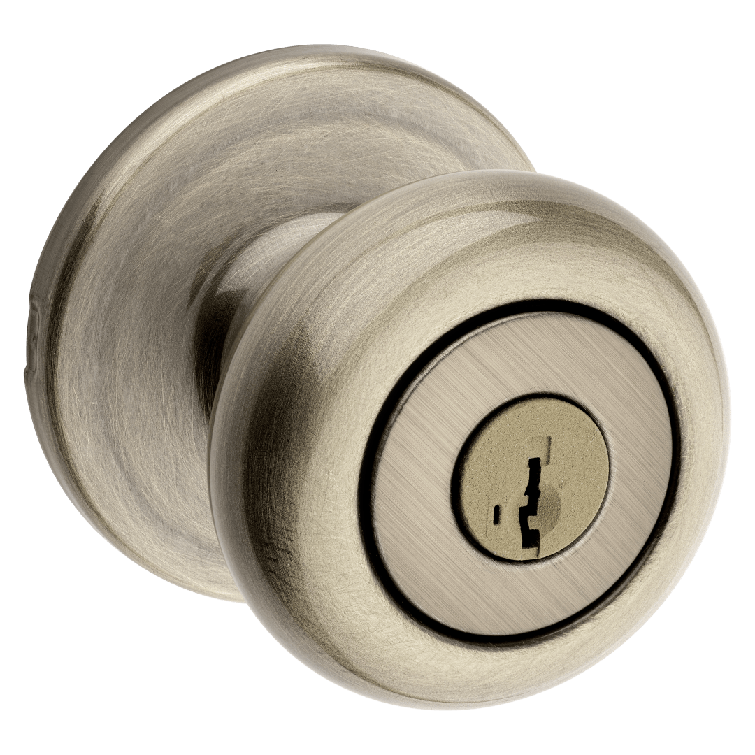 Juno Keyed Entry Knob featuring SmartKey Security™ in Antique Brass