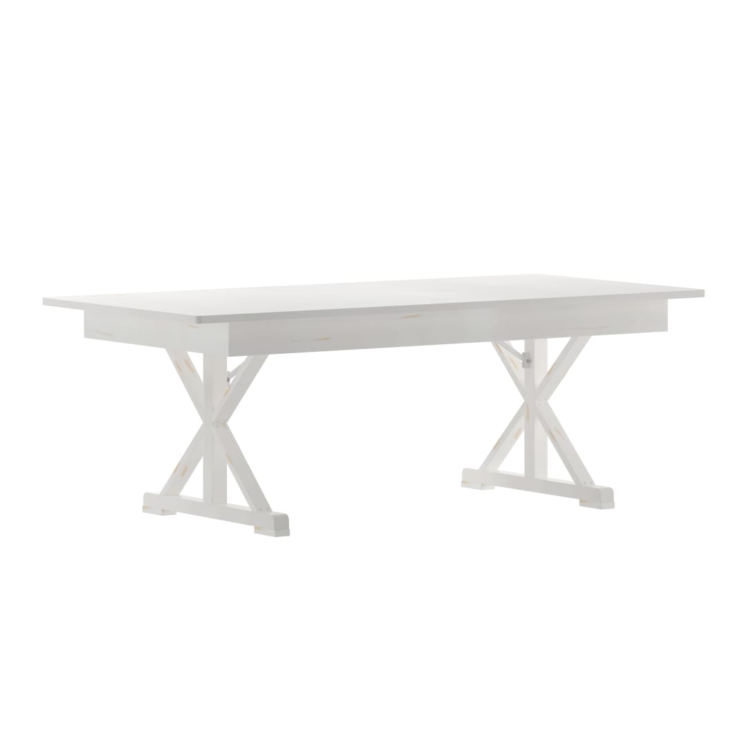 HERCULES 7' x 40" Rectangular Antique Rustic White Solid Pine Folding Farm Table with X Legs