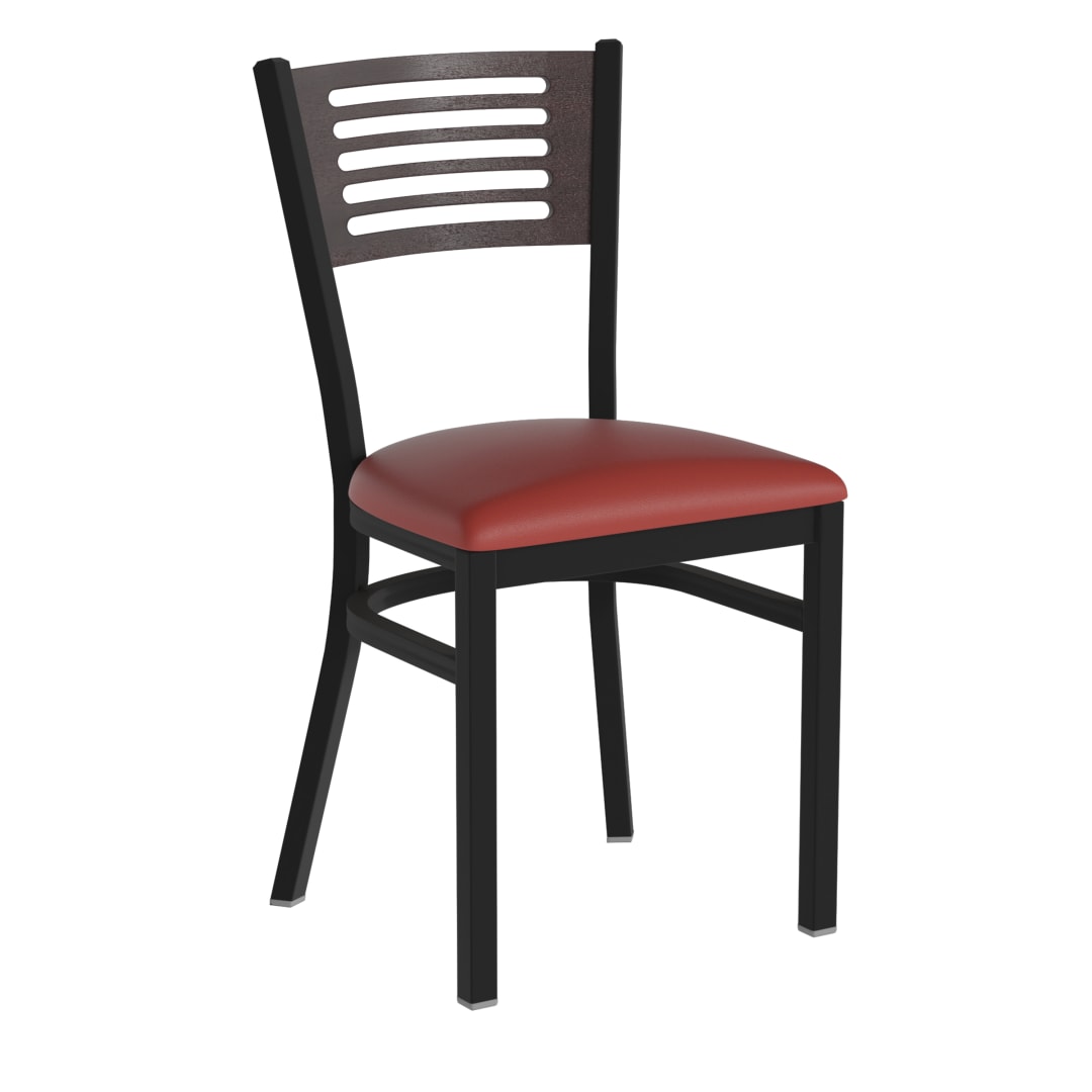 HERCULES Black Slat Back Metal Restaurant Chair - Walnut Wood Back, Red Vinyl Seat