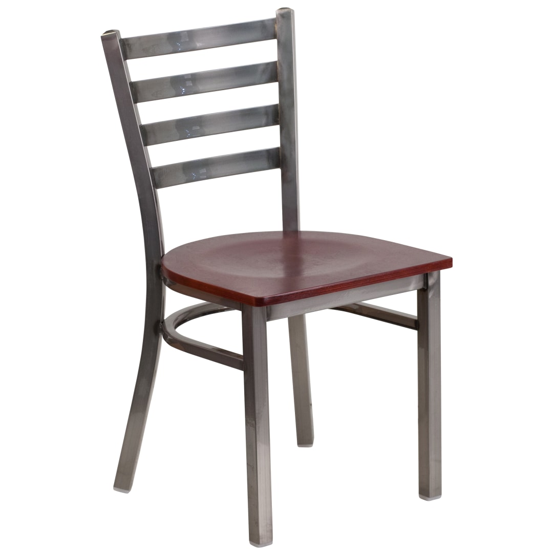HERCULES Series Silver Antique Finish with Clear Coat Ladder Back Metal Restaurant Chair - Mahogany Wood Seat
