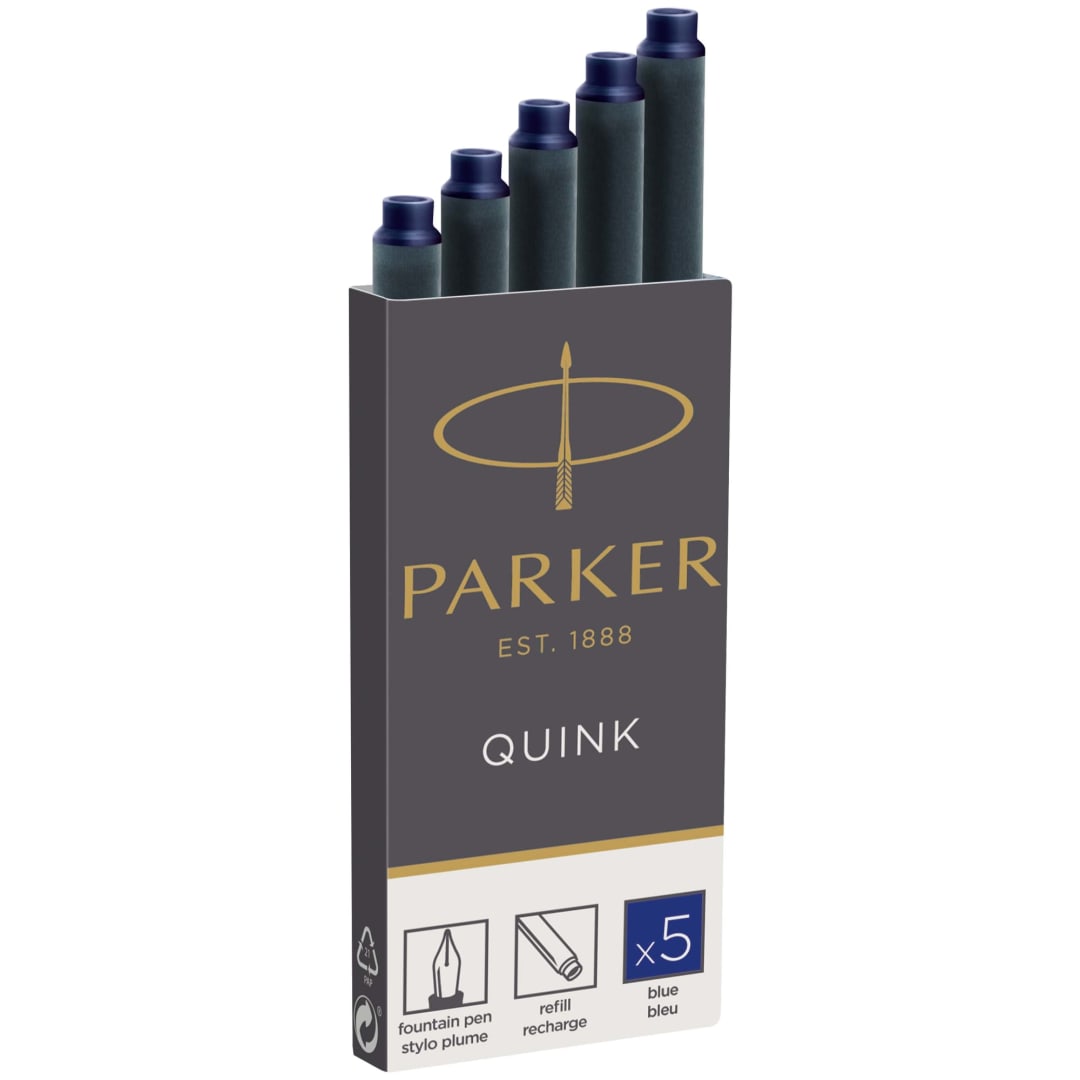 Parker Fountain Pen Ink Refill Cartridges | Long | Blue QUINK Ink | 5 Count