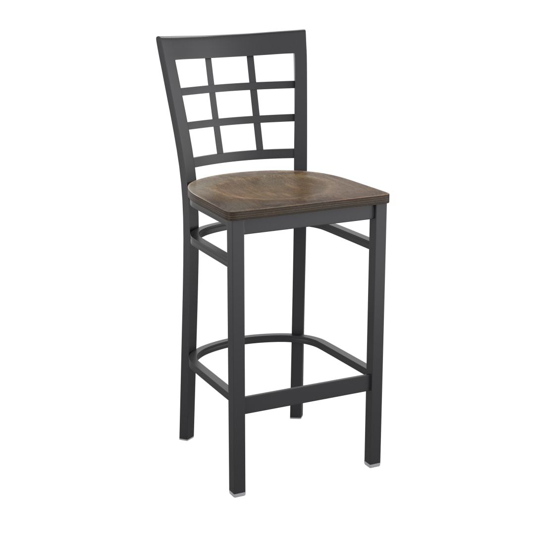 HERCULES Black Window Back Metal Restaurant Barstool - Antique Copper Wood Seat
