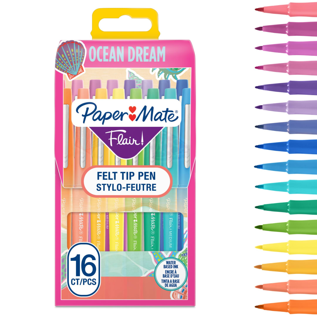 Paper Mate® Flair Felt Tip Pens | Medium Point (0.7mm) | Ocean Dream Colours | 16 Count