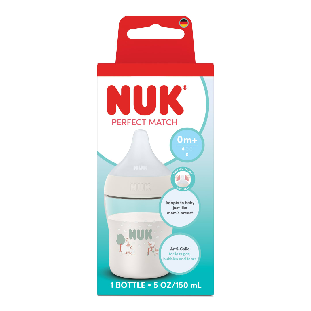 NUK Perfect Match Baby Bottle, 0+ Months, 150 ml, Anti Colic Feeding Bottle, Plastic, Temperature Control Indicator, Sheep, 1 Count