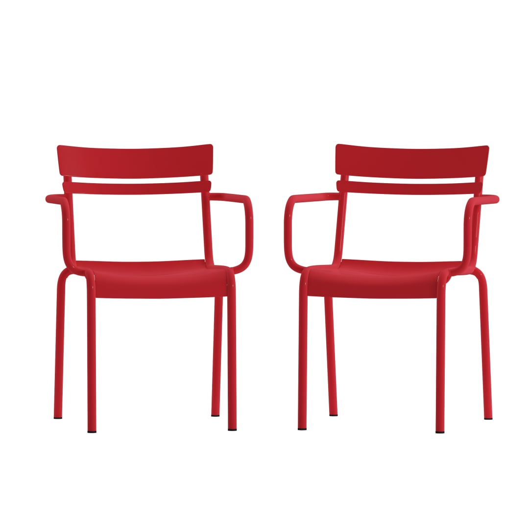 Nash Commercial Grade Red Steel Indoor-Outdoor Stackable Chair with 2 Slats and Arms, Set of 2