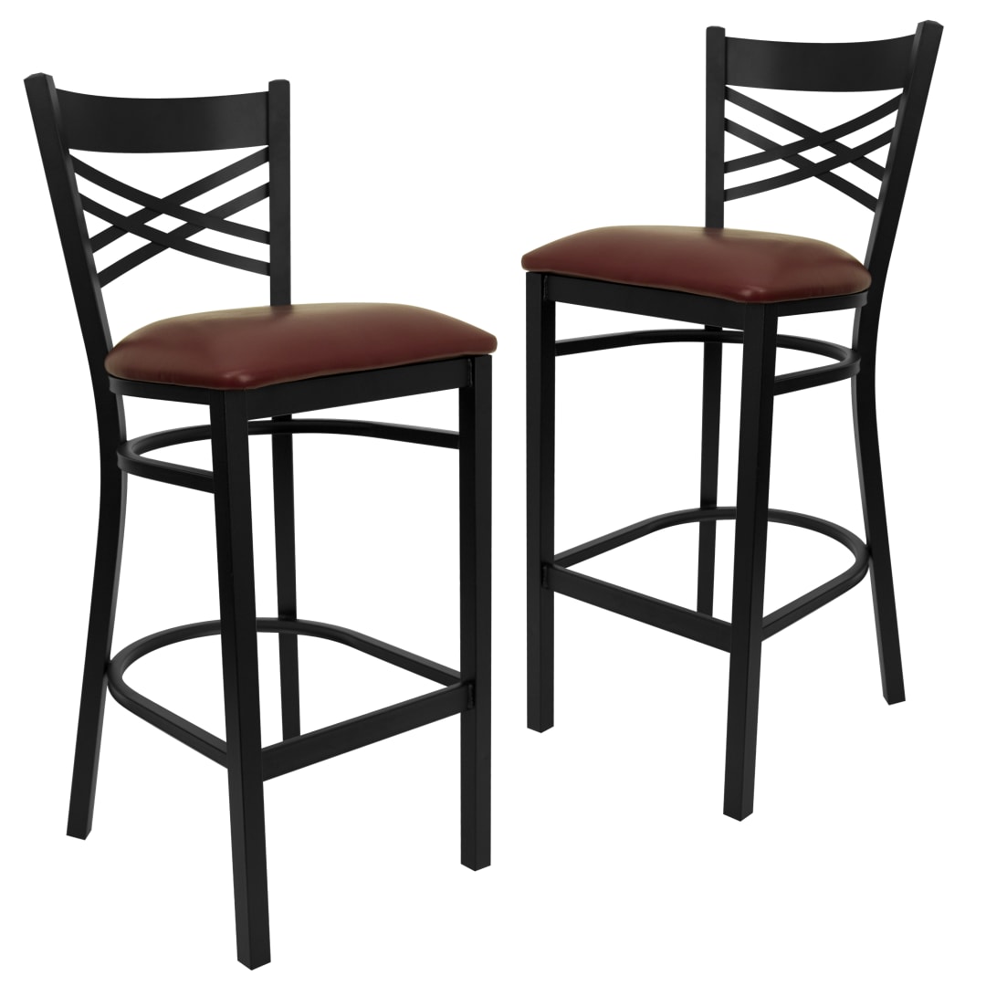 2 Pack HERCULES Series Black ''X'' Back Metal Restaurant Barstool - Burgundy Vinyl Seat