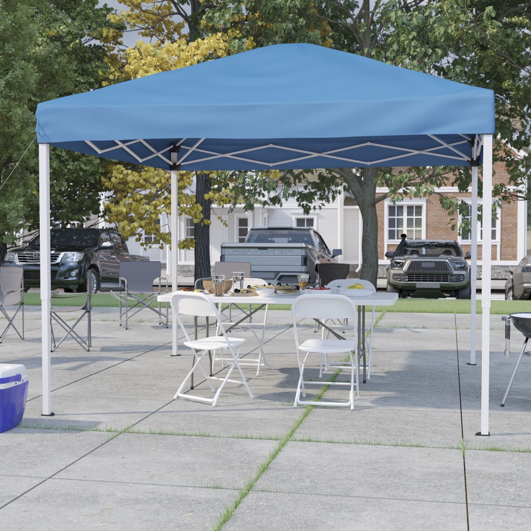 Otis Portable Tailgate/Event Tent Set - 10'x10' Blue Pop Up Canopy Tent, 6-Foot Bi-Fold Table, Set of 4 White Folding Chairs