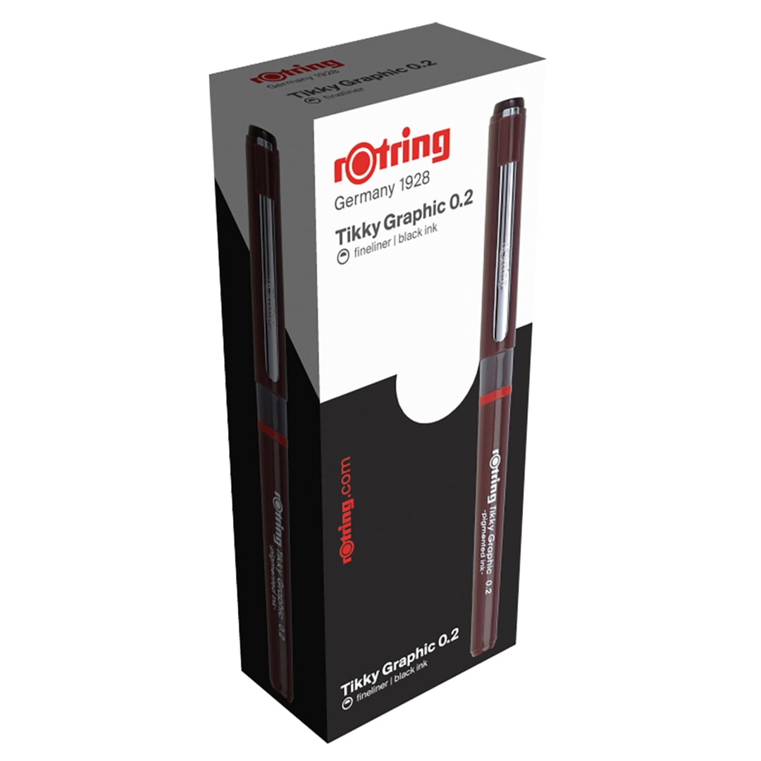 rOtring Tikky Graphic Fibre Tip Pens | 0.20 mm | Black Ink | Burgundy Barrels | Box of 12 Fineliners