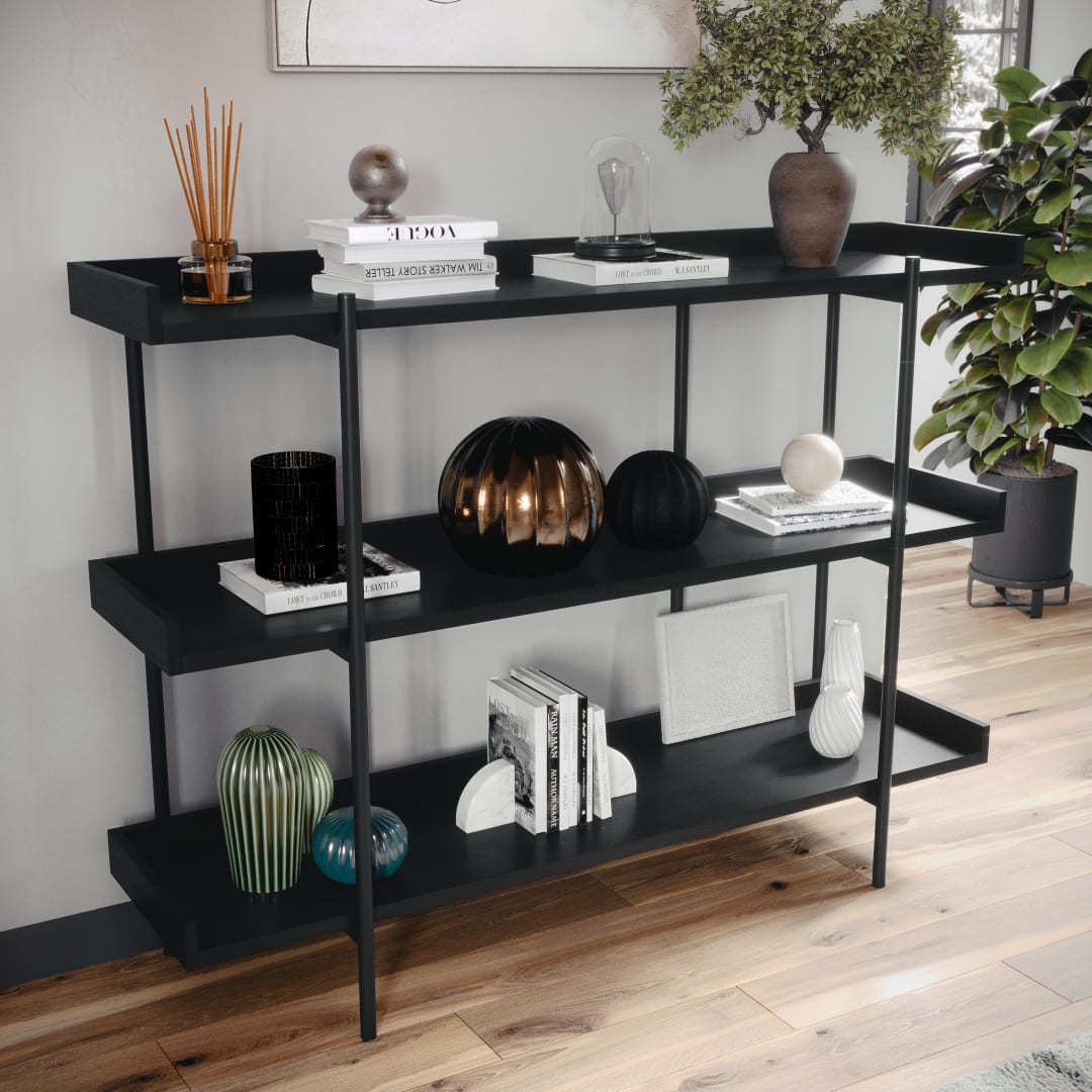 Emmett 3 Shelf 35"H Storage Display Unit Bookcase with Oil Rubbed Bronze Metal Frame in Black Wood Grain Finish