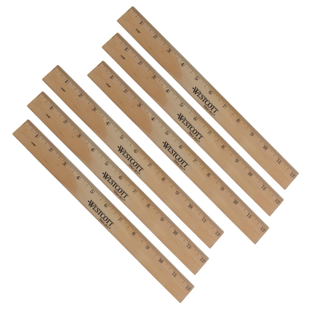 Westcott® Wood Ruler, Metric and 1/16 in Scale With Single Metal Edge, 12 in Long, Set of 6