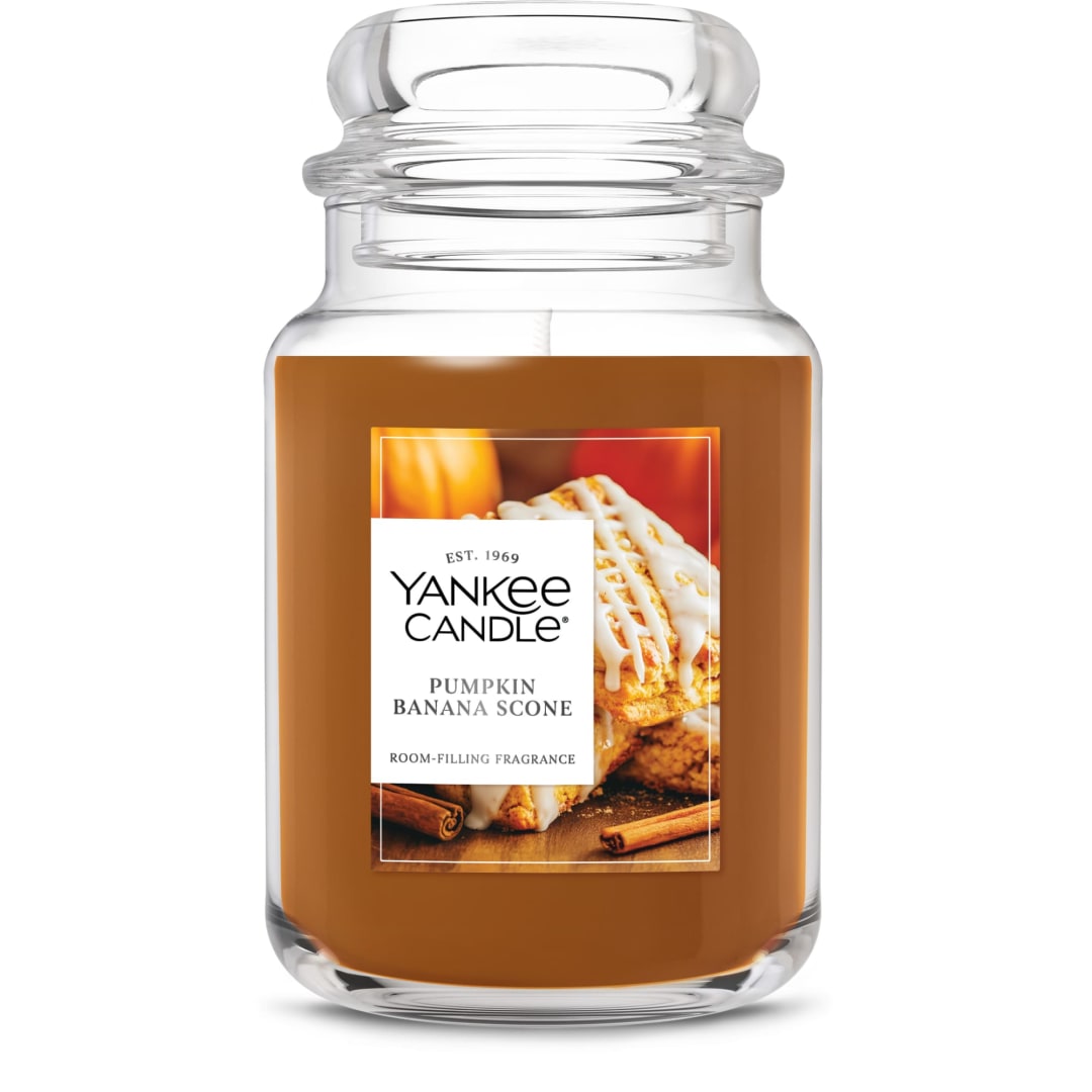 Yankee Candle Large Jar Scented Candle with up to 150 Hour Burn Time, Premium Plant Wax Blend for Consistent Burn, 22 oz Jar Candle with Room Filling Fragrance, Pumpkin Banana Scone
