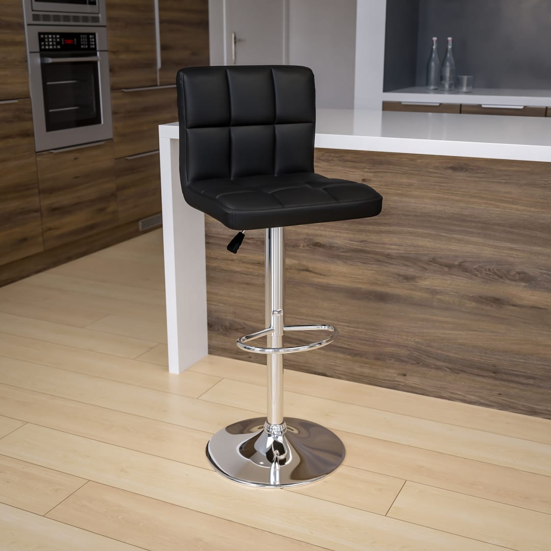 Kathleen Contemporary Black Quilted Vinyl Adjustable Height Barstool with Chrome Base