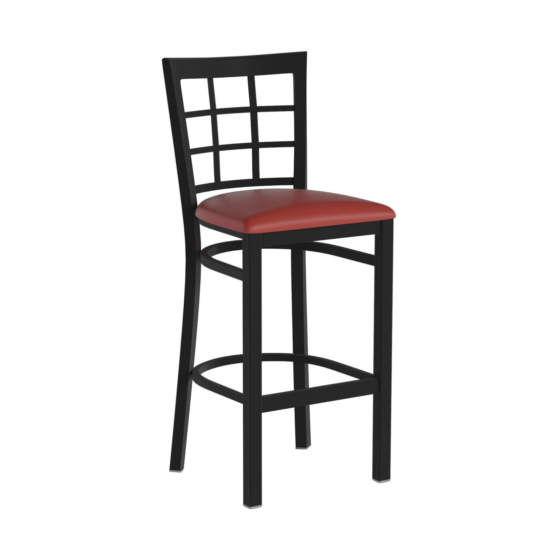 HERCULES Black Window Back Metal Restaurant Barstool - Red Vinyl Seat