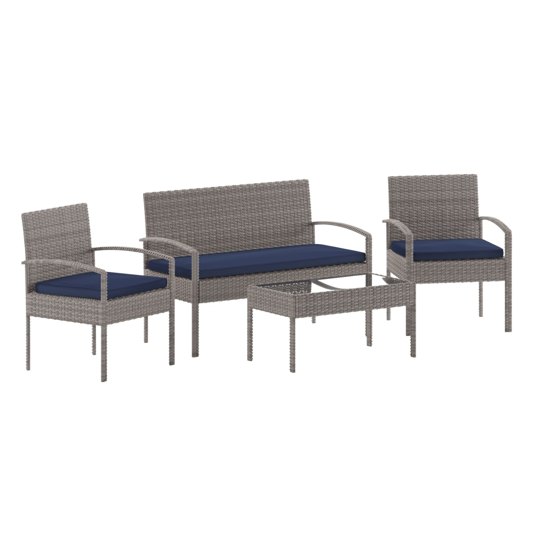 Aransas Series 4 Piece Gray Patio Set with Steel Frame and Navy Cushions
