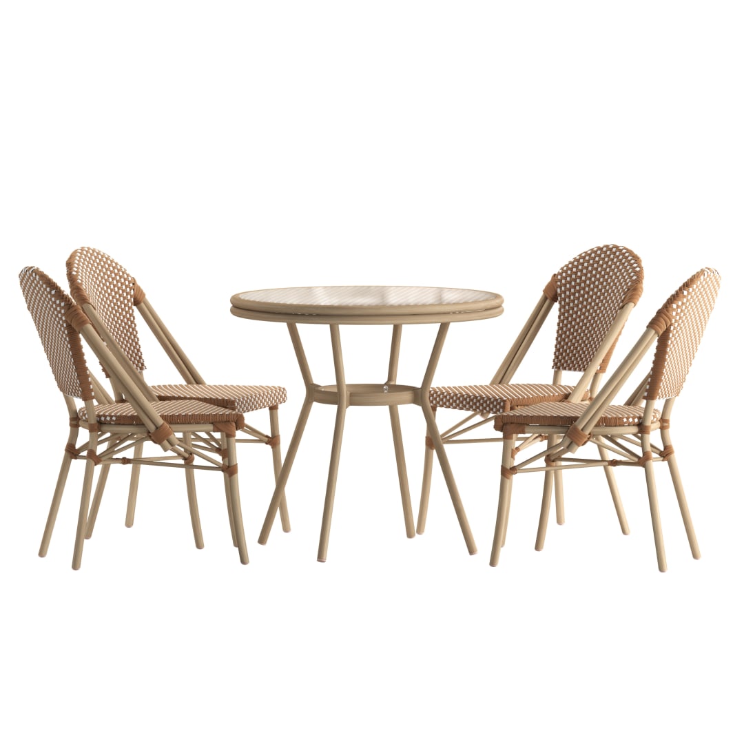 Lourdes Indoor/Outdoor Commercial Bistro 31.5" Table, Natural/White PE Rattan, Glass Top with 4 Stack Chairs - Light Natural