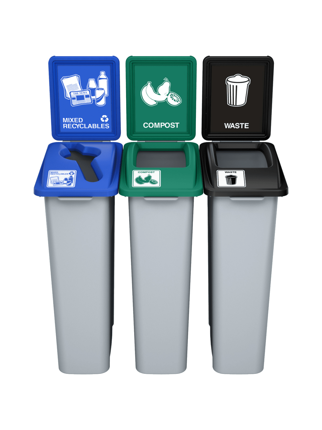 WASTE WATCHER - Triple - Kit - Mixed Recyclables-Compost-Waste - Mixed-Full - Grey-Blue-Green-Black