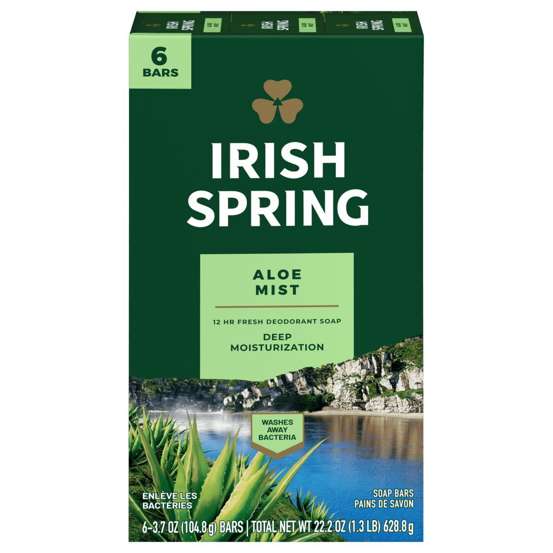 Pain de savon désodorisant Irish Spring Aloe Mist pour homme, Savon désodorisant offrant 12 heures de fraîcheur, Pain de 104,8 g (lot de 6)