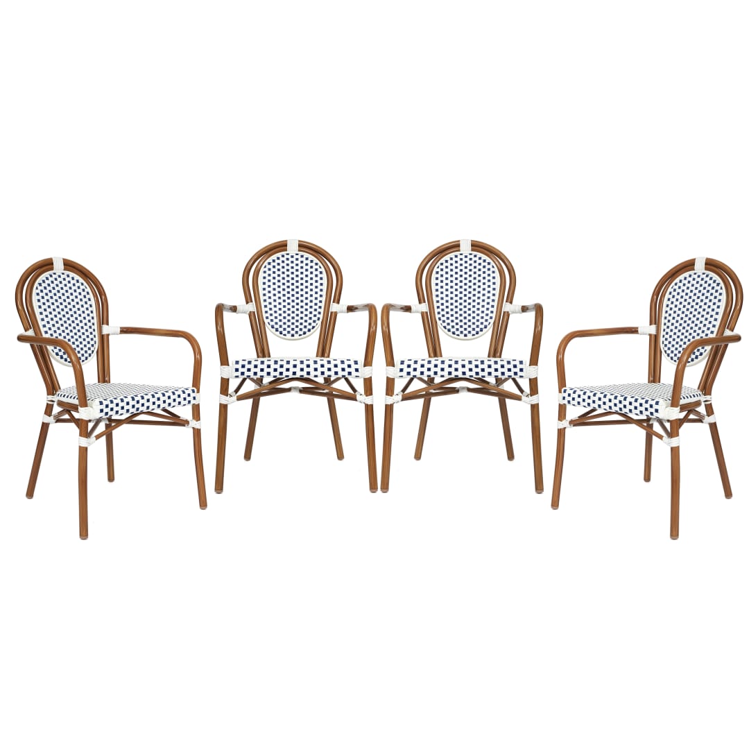 4 Pack Lourdes Indoor/Outdoor Commercial Thonet Bistro Stacking Chair with Arms, White and Navy PE Rattan and Bamboo Aluminum Frame in Natural