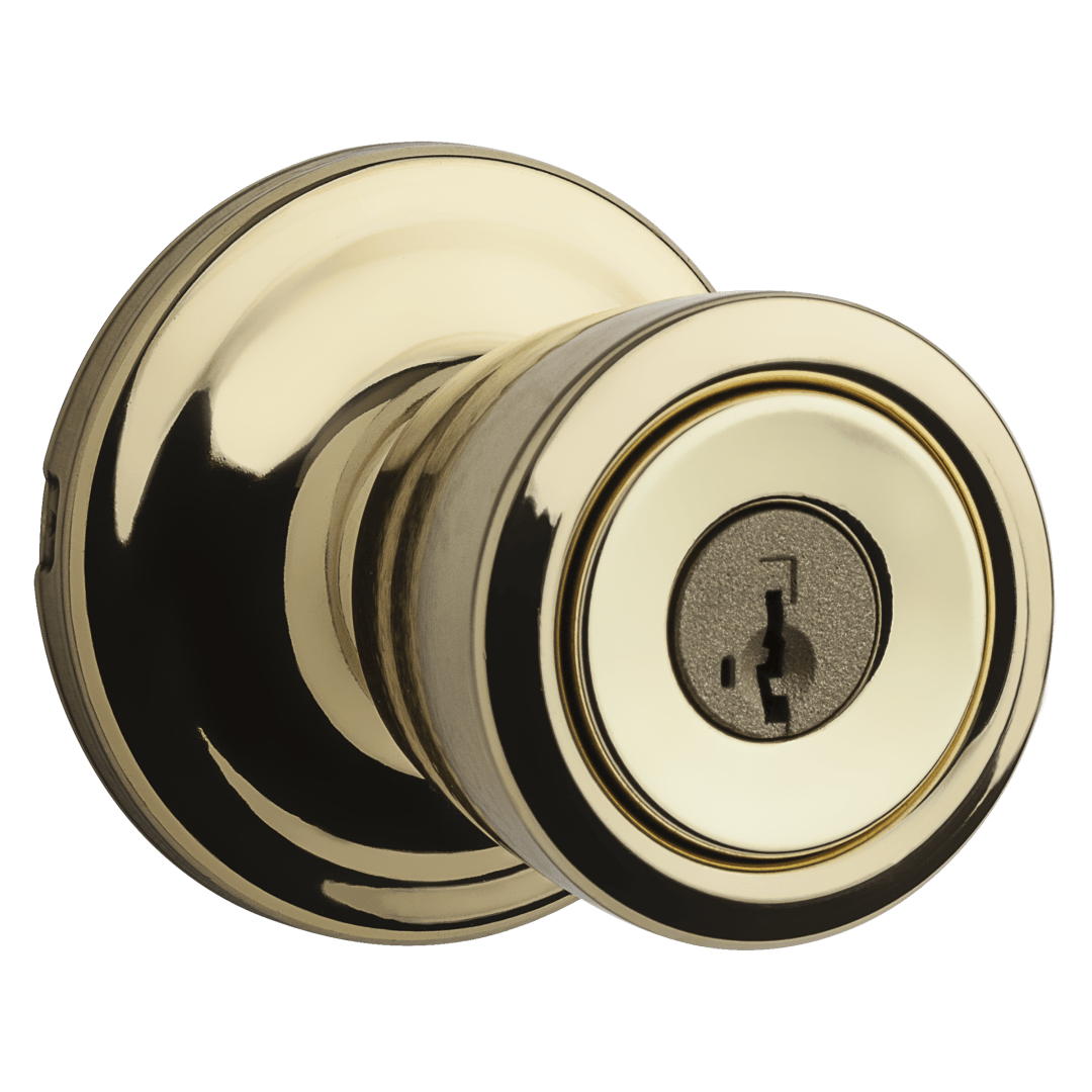 Abbey Keyed Entry Doorknob in Polished Brass featuring SmartKey Security