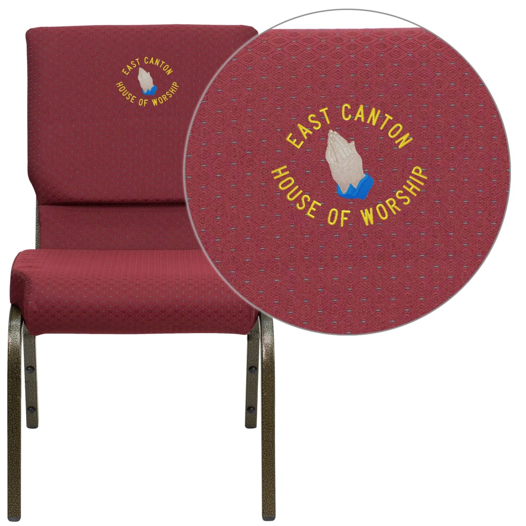 Embroidered HERCULES Series 18.5''W Stacking Church Chair in Burgundy Patterned Fabric - Gold Vein Frame