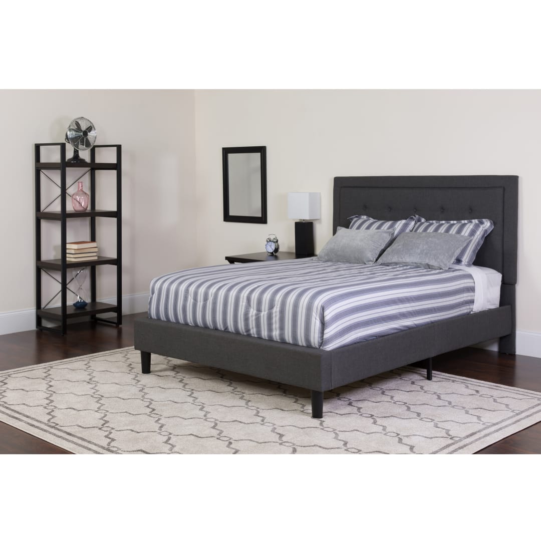Roxbury Queen Size Tufted Upholstered Platform Bed in Dark Gray Fabric with Memory Foam Mattress